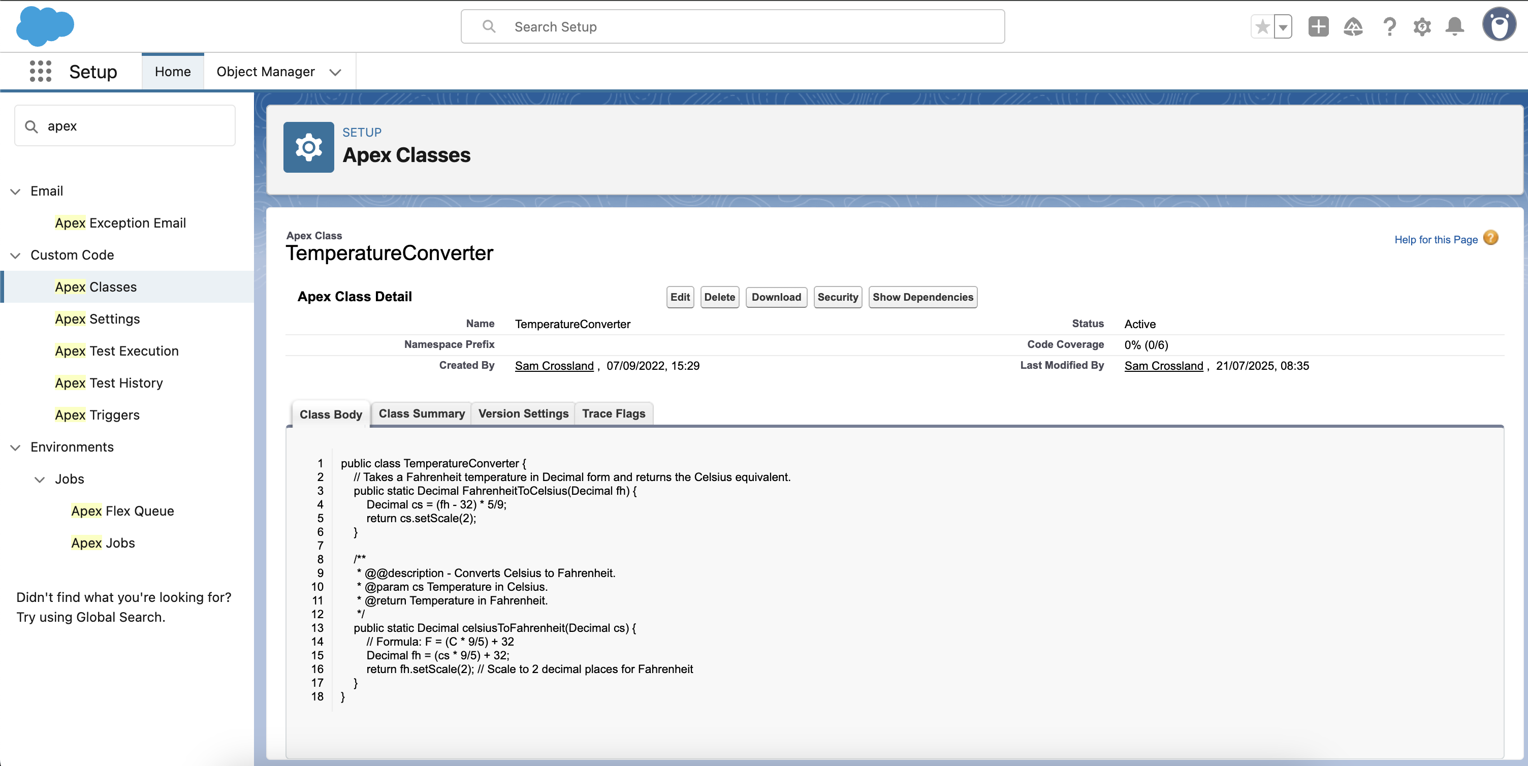 Salesforce class visible in org